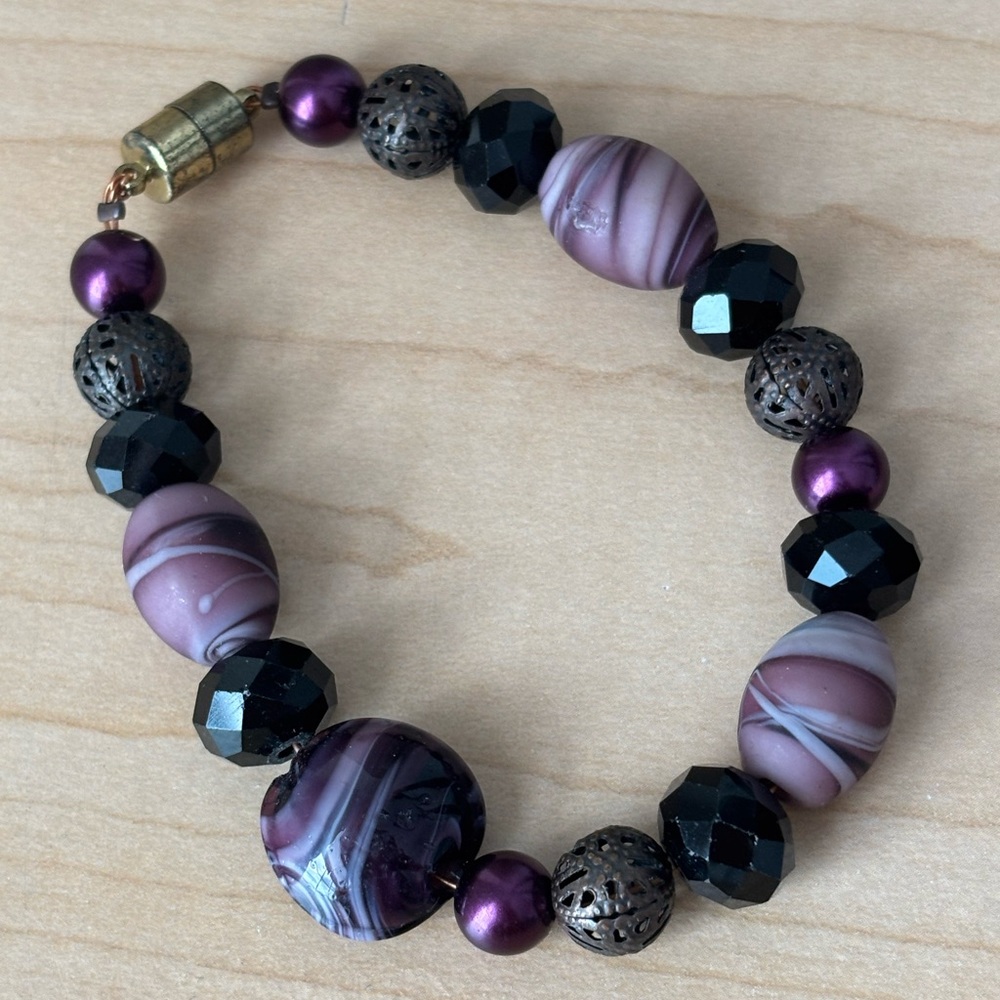 Purple Tones Magnetic Clasp Beaded Stretch Bracelet- fits wrist size 7